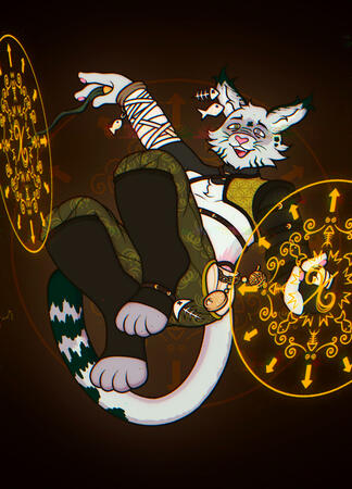 My Serval Tabaxi Wizard. 1st time messing with magic so magic circles akin to a clock. He's a time anomaly.